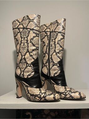 Gucci Black and Cream Snake-Print Mid-Calf Boots